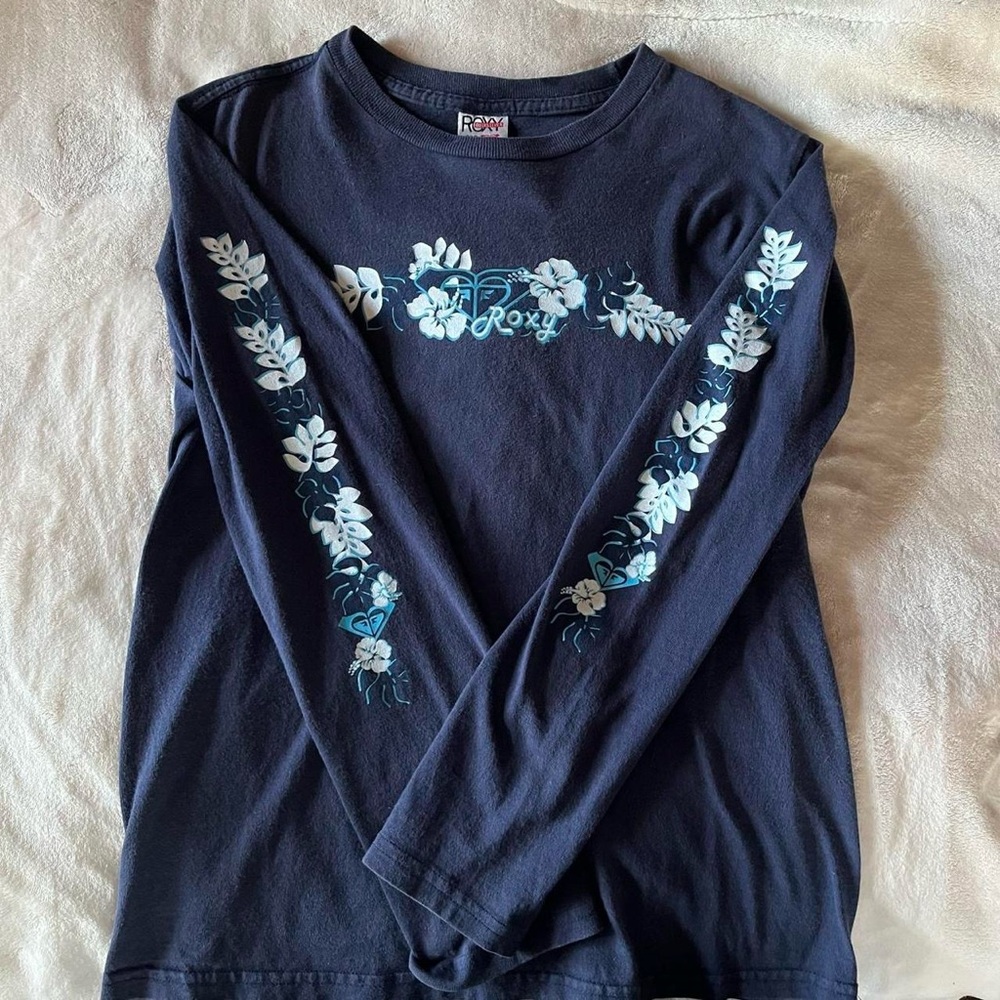 Navy blue long sleeve Roxy tee shirt with sparkly floral graphic